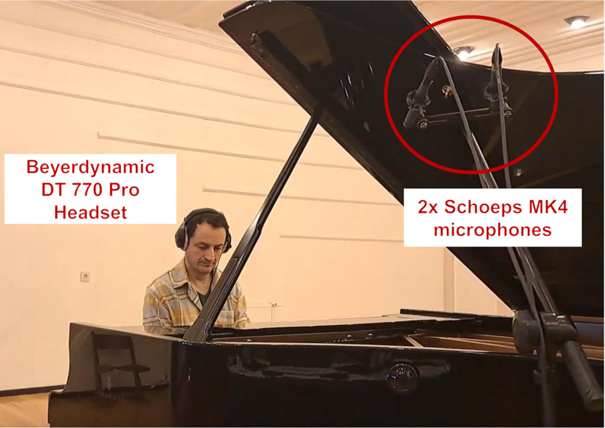 Pianist using Schoeps MK4 microphones and Beyerdynamicheadphones for synchronized play with orchestra accompaniment