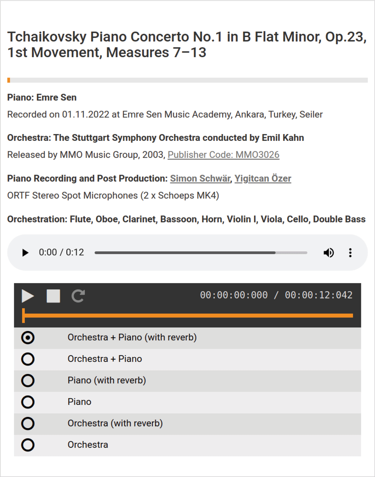 Screenshot of Track Switcher interface displaying six multitrackrecordings from Tchaikovsky’s Piano Concerto