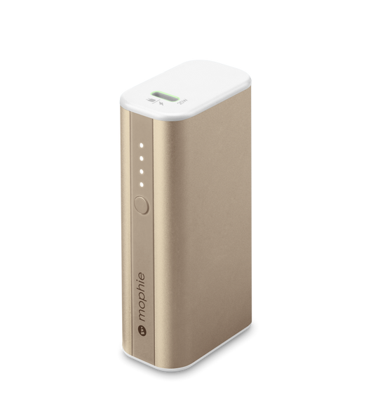 Una batteria powerstation mini di mophie vista in prospettiva laterale, porta USB-C in alto, LED di alimentazione, tasto di accensione e logo mophie sul lato