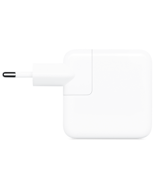 Widok z profilu zasilacza Apple USB‑C o mocy 30 W (z wtyczką typu C).