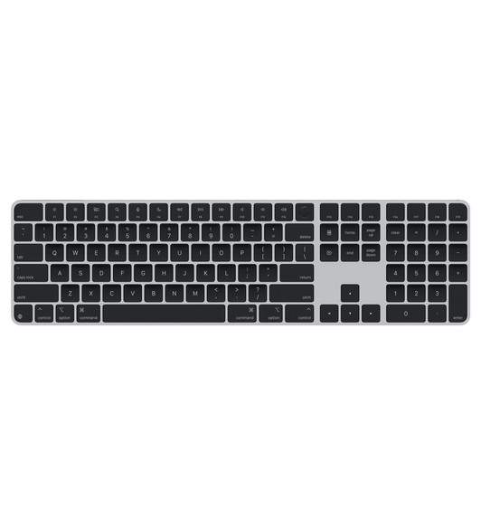 Magic Keyboard with Touch ID and Numeric Keypad, black keys, silver aluminium structure, round Touch ID sensor, full-height function keys