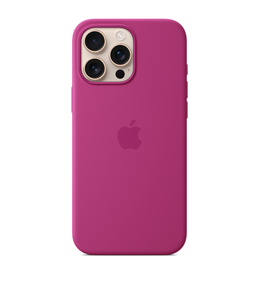 iPhone 16 Pro Max Silicone Case with MagSafe in Fuchsia, embedded Apple logo in centre, attached to iPhone 16 Pro Max Desert Titanium finish, seen through camera cutout.