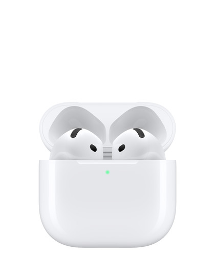 AirPods 4, stored in open Charging Case with rounded edges with external LED power indicator