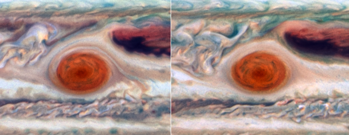 Eight Hubble images showing Jupiter's Great Red Spot (GRS). The GRS appears as a bright red oval in the middle of cream-colored cloud bands. The images trace changes in the GRS’s size, shape, brightness, color, and twisting, over a period of 90 days between December 2023 and March 2024.