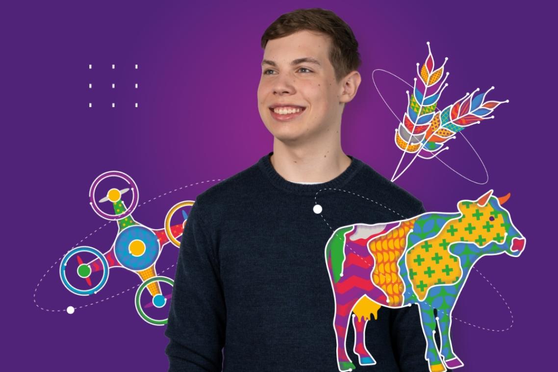 Student smiles against purple background with colourful cow, drone and wheat graphics.