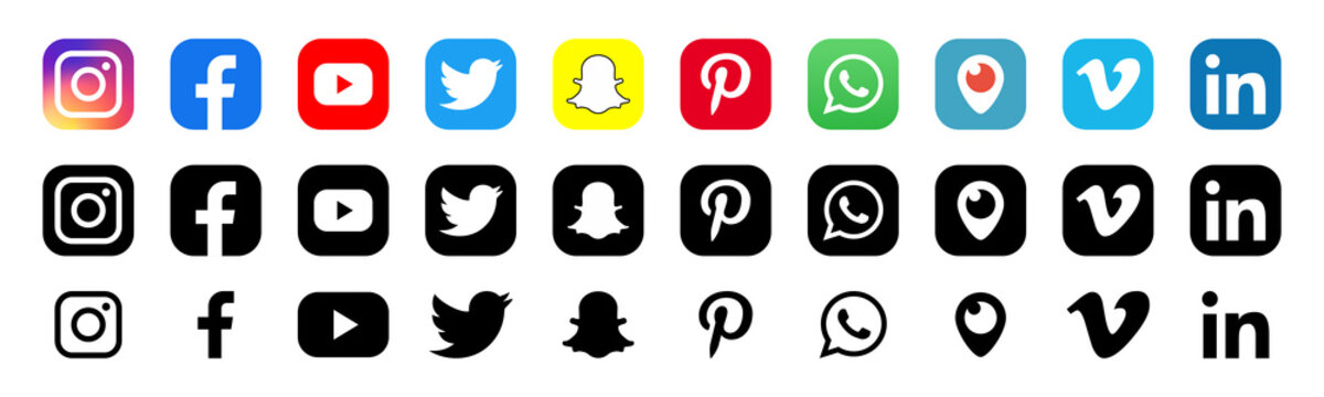 Facebook, twitter, instagram, youtube, snapchat, pinterest, whatsap, linkedin, periscope, vimeo - Collection of popular social media logo. Social media icons. Realistic set. Vector editorial