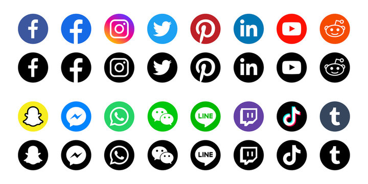 Round social media icons or social network logos flat vector icon set / collection for apps and websites