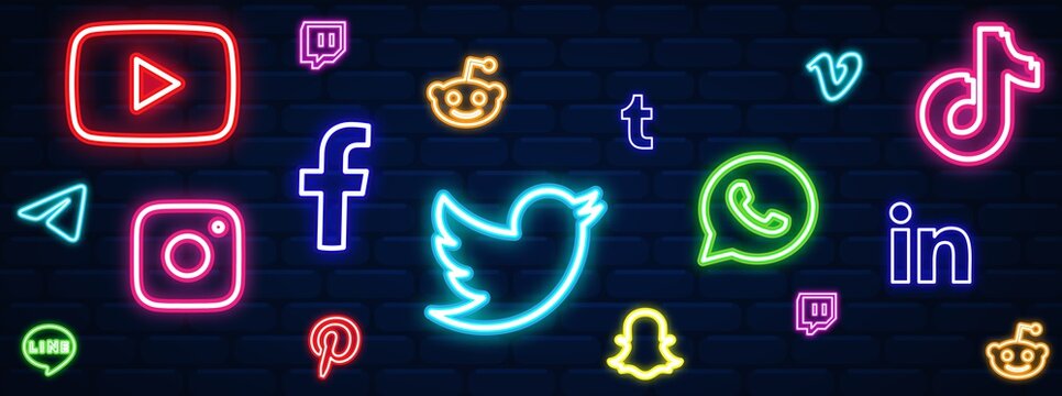 Social media facebook, twitter, instagram, youtube, reddit,telegram,snapchat, pinterest, tiktok logo. Social media background. Social media vector set. Social media icon neon