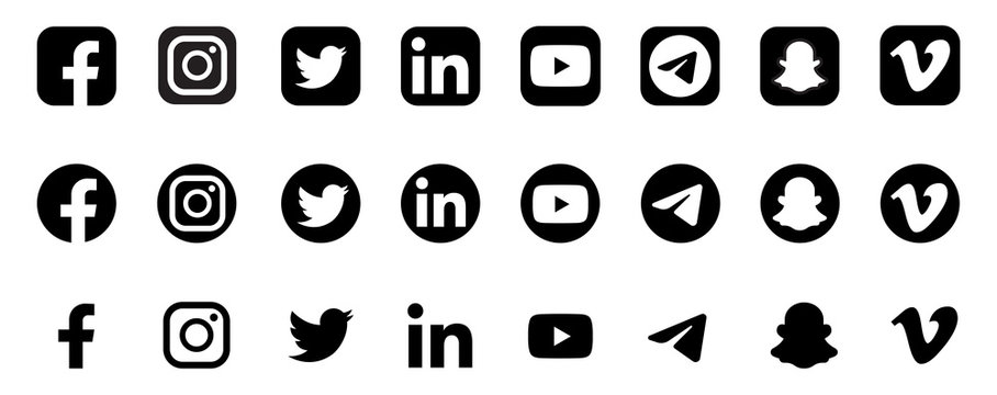 Realistic social media logotype collection: Facebook, instagram, twitter, youtube, linkedin, snapchat, telegram, vimeo. Social media icons. - stock vector editorial.