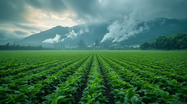 A lush green field with a distant factory complex emitting pollutants, illustrating the impact of industrial activities on agricultural landscapes and the ongoing battle between nature and pollution.