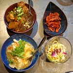 Aaron - お通し　　もち豚の漬物、干し豆腐冷菜、搾菜の梅煮、大根の煮込み