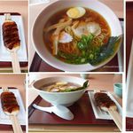 Toei Onsen Hana no Mai - ・醤油ラーメン650円・五平餅　300円。食事処「華の舞」。とうえい温泉花まつりの湯(愛知県北設楽郡東栄町)食彩品館.jp撮影