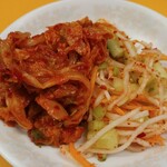 Choi Obasan no Kimchi - こちらは無料となる「キムチ」と「細切り大根とキュウリの和え物」。前者は珍しく辛味もニンニク風味も弱い。後者は私の苦手な酸味がちょっとあるも、あっさり味付けでついつい手が出てしまう。