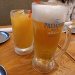 串カツ田中 - 生ビール、オレンジジュース