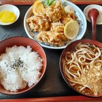 美登利 - 唐揚げ弁当と温かい蕎麦