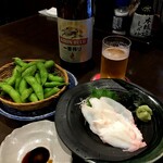 Shirokiya Minamisunachoekimaeten - 枝豆（お通し）、たこ刺し。