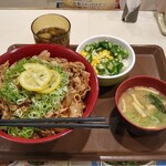 Sukiya Sanbyakuyonjuhachigo Yamagata Minamikanten Ten - ねぎ塩レモン豚丼(期間限定)メガ盛+オクラサラダセット