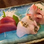 美琉太陽 - ⑥島魚の刺し盛り(税込1,100円)
            黄肌鮪、アカマチ《浜鯛:ハマダイ》【沖縄三大高級魚の】、炙りマクブー《白鞍倍良:シロクラベラ》【沖縄三大高級魚】
            因みに沖縄三大高級魚の最後の1つはアカジン