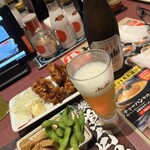 Marugen Ramen Satte Ten - 晩酌セット、ピリからあげ、瓶ビール