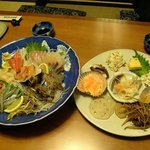 Nishi Nihon Sake Dojo - お通しと刺身盛り合わせ