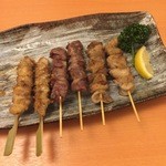 山鳥 - 焼き鳥（左：ぼんじり・中：砂ずり・右：皮）