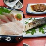 はまや旅館 - 左　わらさのお刺身
右　煮魚2種