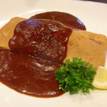 Bondy's Cafe - ②挽肉と茄子のクリームクレープ(デミグラスソースかけ)＠MVP。チーズとデミグラスソースに絡んだ秋茄子が甘くて美味しい～