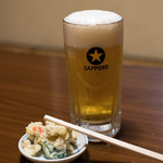 角一 - 2018.4 生ビール中（500円）、ポテトサラダ（お通し）