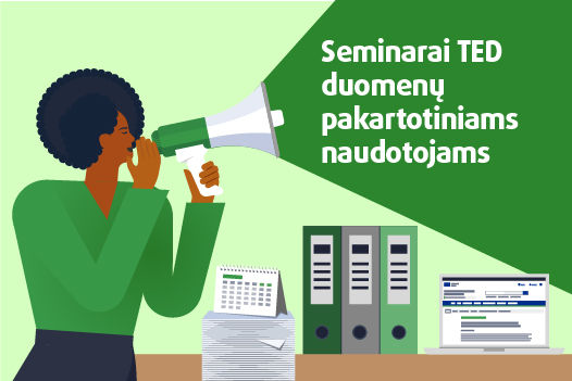 Praktinių seminarų TED duomenų pakartotiniams naudotojams reklamjuostė su nuoroda į specialią interneto svetainę.