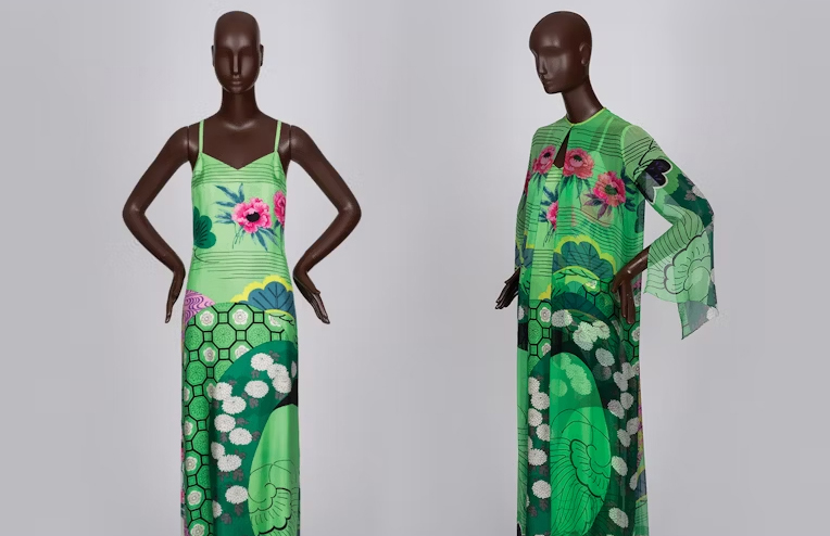 Hanae Mori hostess dress in greens and pink.