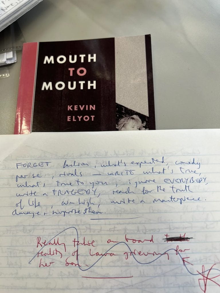 Front cover of Mouth to mouth book and handwritten note by Kevin Elyot