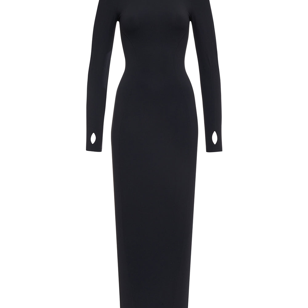 black raglan long sleeve fitted maxi dress thumbholes