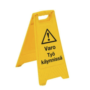 Keltainen A-teline työmaille. Varo työ käynnissä.