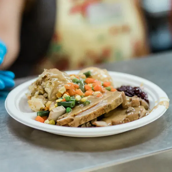 A hot, Thanksgiving meal of turkey, vegetables, and potatoes. 