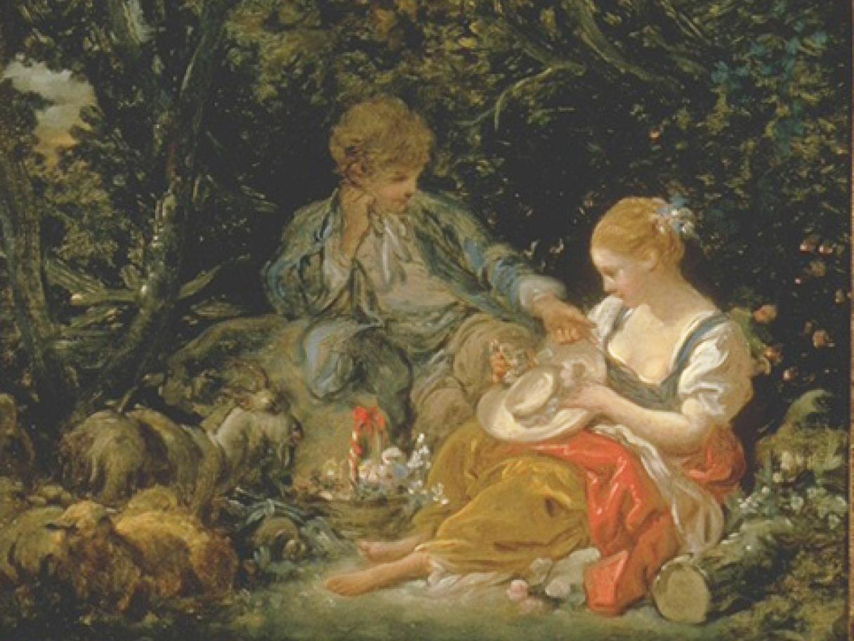 A painting of a couple in the forest