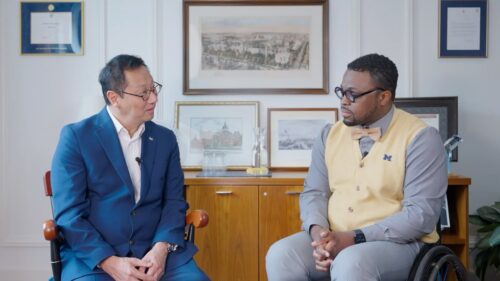 President Santa J. Ono hosts a discussion for his monthly message to the faculty, students and staff at the University of Michigan, featuring the Portrait of a Wolverine:  Dr. Okanlami.