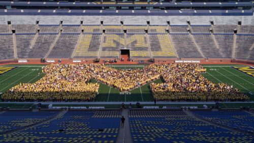 New students attend the convocation ceremony at Crisler Center for a welcoming to the campus!