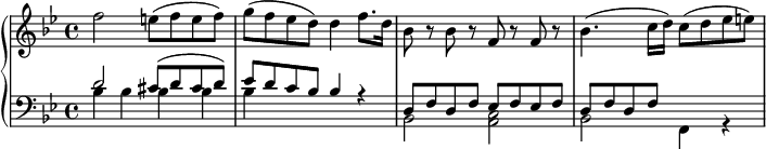 
\version "2.18.2"
\header {
  tagline = ##f
}
upper = \relative c'' {
  \clef treble 
  \key bes \major
  \time 4/4
  \tempo 4 = 75
  %\override TupletBracket.bracket-visibility = ##f

   %%Mozart — Concerto 20 mvt 2, th. 1
   f2 e8( f e f) g( f ees d) d4 f8. d16 bes8 r8 bes8 r8 f8 r8 f r8 bes4.( c16 d) c8( d ees e)

}

lower = \relative c {
  \clef bass
  \key bes \major
  \time 4/4

   << { d'2 cis8( d cis d) ees d c bes bes4 r4 } \\ { bes4 bes bes bes bes } >>
   << { d,8 f d f ees f ees f d f d f } \\ { bes,2 < c a >2 bes f4 r4 } >>
}

\score {
  \new PianoStaff <<
    \new Staff = "upper" \upper
    \new Staff = "lower" \lower
  >>
  \layout {
    \context {
      \Score
      \remove "Metronome_mark_engraver"
    }
  }
  \midi { }
}

