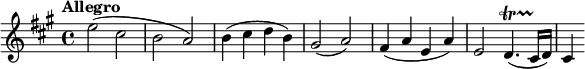 
\relative c'' { \set Staff.midiInstrument = #"violin"
  \tempo "Allegro"
  \tempo 4 = 126
  \key a \major
  \time 4/4
  e2( cis | b a) | b4( cis d b) | gis2( a) | fis4( a e a) | e2  d4.(\startTrillSpan cis16\stopTrillSpan d) | cis4 
}
