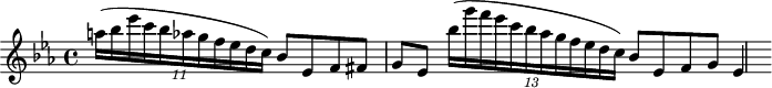 
\header {
  tagline = ##f
}

\score {
  \new Staff \with {

  }
<<
  \relative c'' {
    \key ees \major
    \time 4/4
    \override TupletBracket #'bracket-visibility = ##f
    \set Staff.midiInstrument = #"violin"
    \tempo 4 = 55

     %%%%%%%%%%%%%%%%%%%%%%%%%% Le streghe
     \partial 2. {\times 4/11 { a'!16[( bes ees c bes aes g f ees d c)] }} bes8 ees, f fis g ees
     {\times 4/13 { bes''16[( g' f ees c bes aes g f ees d c)] }} bes8 ees, f g ees4

  }
>>
  \layout {
     \context { \Score \remove "Metronome_mark_engraver" }
  }
  \midi {}
}
