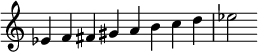 
{
\override Score.TimeSignature #'stencil = ##f
\relative c' {
  \clef treble \key c \major \time 8/4
  es4 f fis gis a b c d es2
} }
