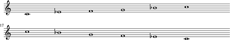 \relative c' {\tempo 1 = 180 \numericTimeSignature \time 2/4 
\set Score.tempoHideNote = ##t 
 \override Staff.TimeSignature #'transparent = ##t
 \override Staff.BarLine #'stencil = ##f
{s1 c ees f g bes c s \break s c bes g f ees c s}}