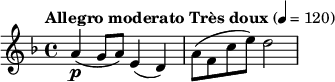 \relative c''{\key f \major \set Staff.midiInstrument=#"violin"\tempo"Allegro moderato Très doux"4=120a4\p(g8a)e4(d)a'8(f c'e)d2}