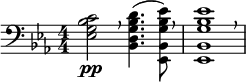  \relative c' { \clef bass \numericTimeSignature \time 4/4 \key ees \major <c bes g ees>2\pp \breathe <d bes g d bes>4.( <ees bes g bes, ees,>8) \breathe | <ees bes g bes, ees,>1 \breathe } 