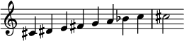 
{
\override Score.TimeSignature #'stencil = ##f
\relative c' {
  \clef treble \key c \major \time 8/4
  cis4 dis e fis g a bes c cis2
} }
