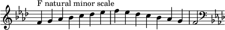  {
\omit Score.TimeSignature \relative c' {
  \key f \minor \time 7/4 f^"F natural minor scale" g aes bes c des es f es des c bes aes g f2
  \clef F \key f \minor
} }
