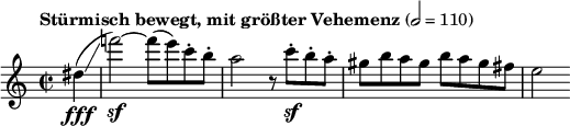  \relative c'' { \set Staff.midiInstrument = #"violin"  \clef treble \key a \minor \tempo "Stürmisch bewegt, mit größter Vehemenz" 2 = 110\time 2/2 \partial 4*1 dis\fff(\glissando | f'!2\sf)~ f8( e) c-. b-. | a2 r8 c\sf-. b-. a-. | gis b a gis b a gis fis | e2 } 