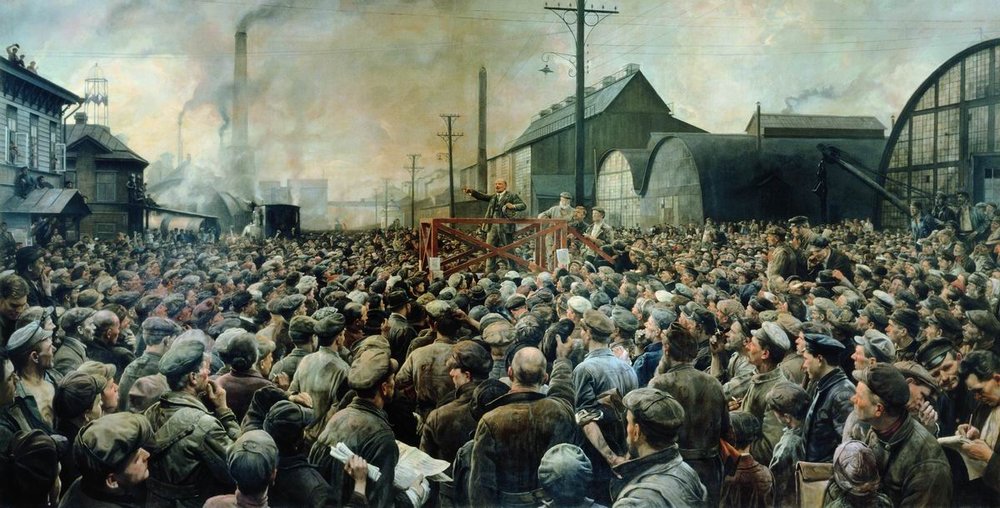 Lenin Putilov fabrikan hizketan, 1917ko maiatzean. Isaak Brodskiren margolana
