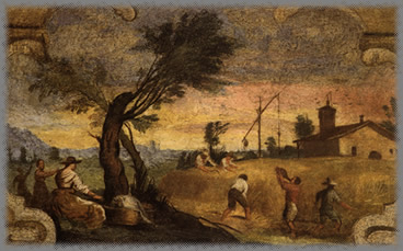 Harvesting (1615–1617, fresco, transferred to canvas, 18 × 23.5 cm, Pinacoteca, Cento, Italy). One of the frescos created (with the assistance of Lorenzo Gennari[4]) for Casa Pannini in Cento.[37]