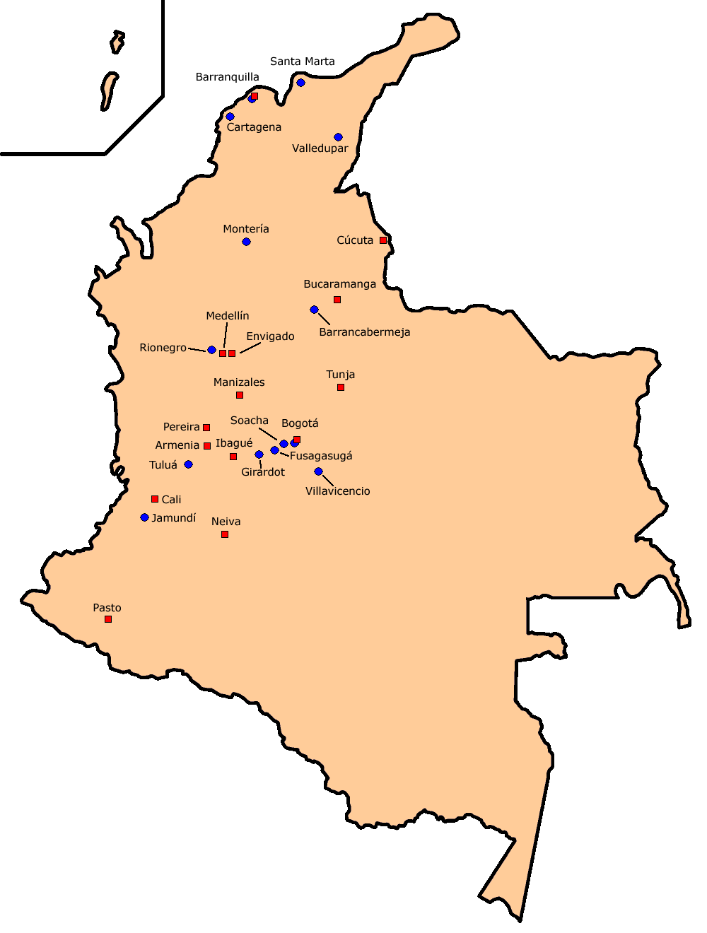 Mapa geogràfic del Fútbol Profesional Colombiano